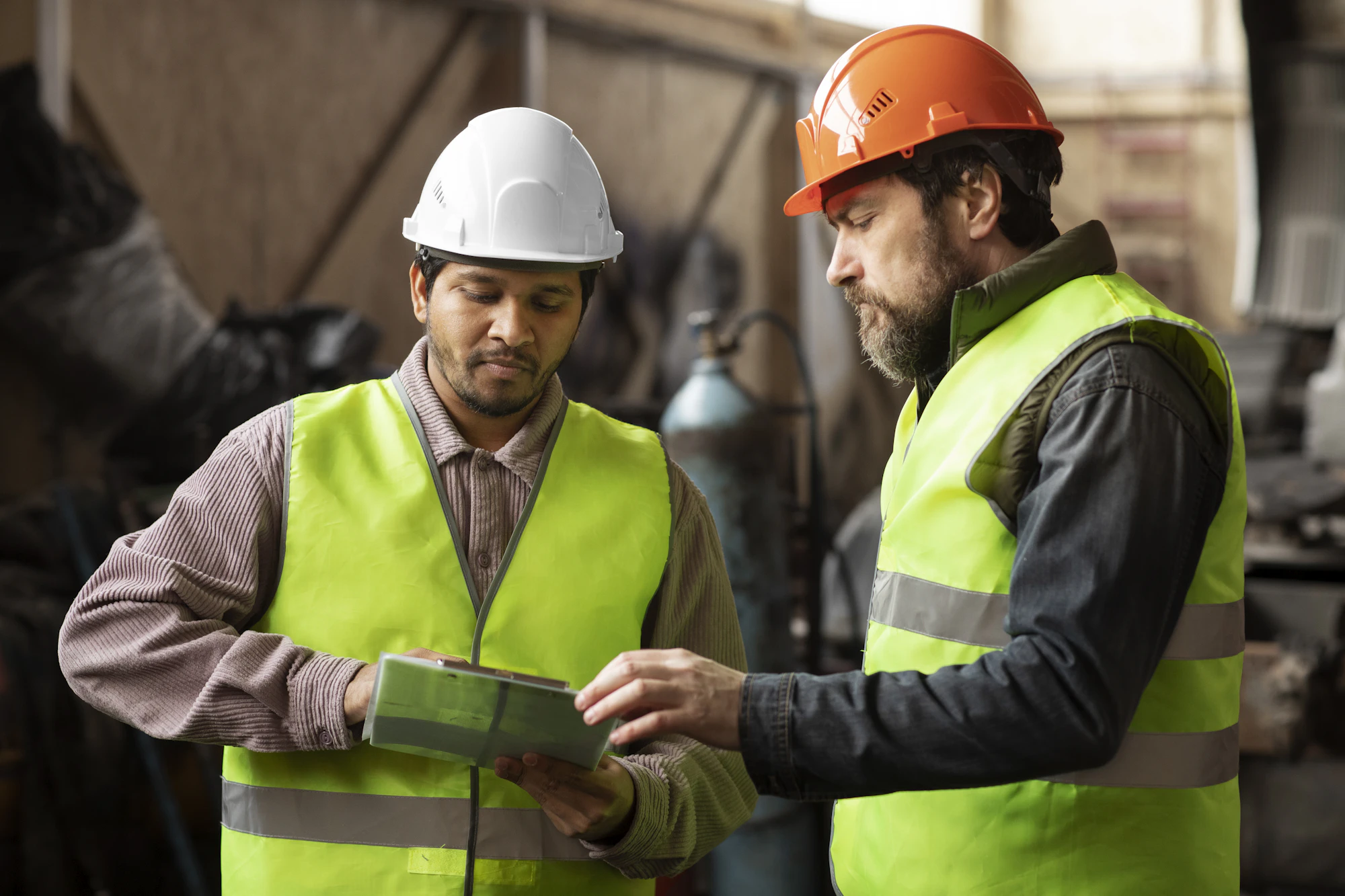 Due tecnici con casco e gilet ad alta visibilità consultano un documento in officina
